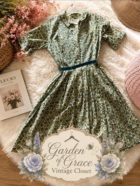Vintage-Inspired Green Floral Shirt Dress